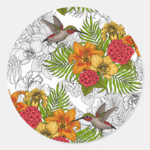 Hummingbirds and tropical bouquet classic round sticker