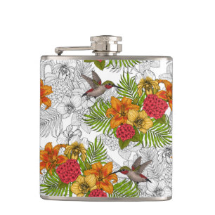 Hummingbirds and tropical bouquet flask