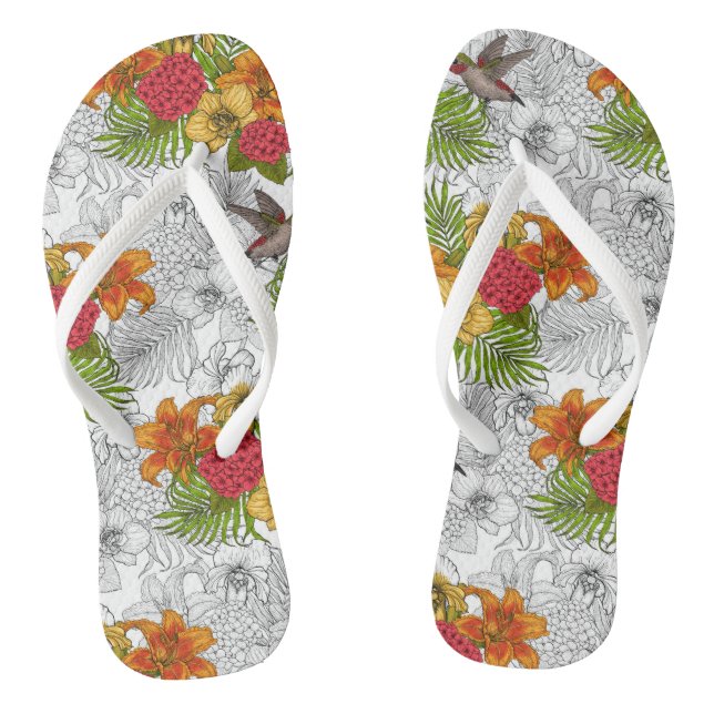 Hummingbirds and tropical bouquet flip flops (Footbed)