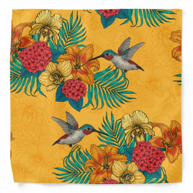 Hummingbirds and tropical bouquet in yellow bandana (Front)