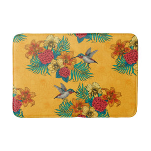 Hummingbirds and tropical bouquet in yellow bath mat