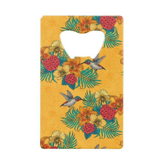 Hummingbirds and tropical bouquet in yellow credit card bottle opener (Front)