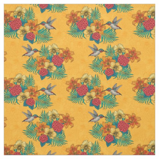 Hummingbirds and tropical bouquet in yellow fabric