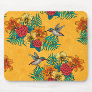 Hummingbirds and tropical bouquet in yellow mouse pad