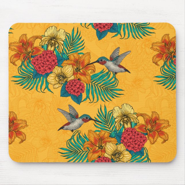 Hummingbirds and tropical bouquet in yellow mouse pad (Front)