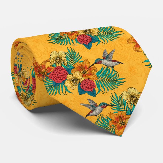 Hummingbirds and tropical bouquet in yellow neck tie (Rolled)