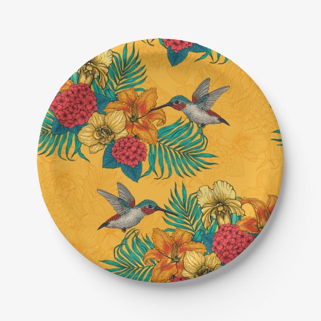 Hummingbirds and tropical bouquet in yellow paper plates (Front)