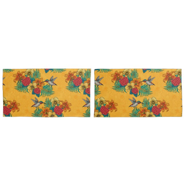 Hummingbirds and tropical bouquet in yellow pillow case (Front-Set)