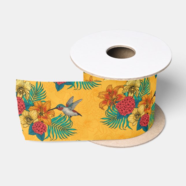 Hummingbirds and tropical bouquet in yellow satin ribbon (Spool)