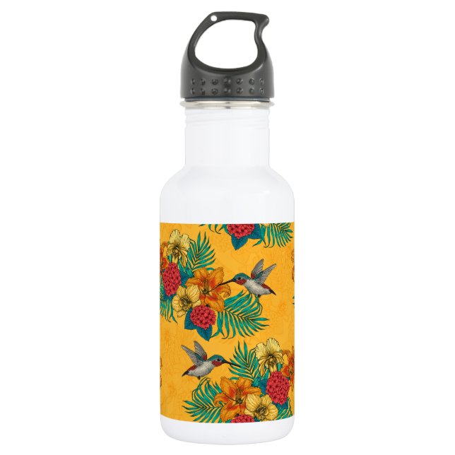 Hummingbirds and tropical bouquet in yellow stainless steel water bottle (Front)