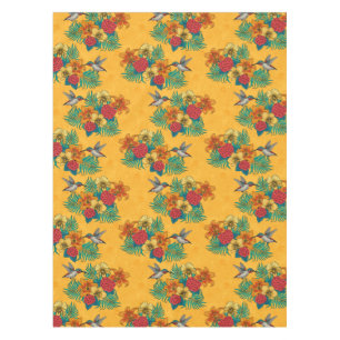 Hummingbirds and tropical bouquet in yellow tablecloth