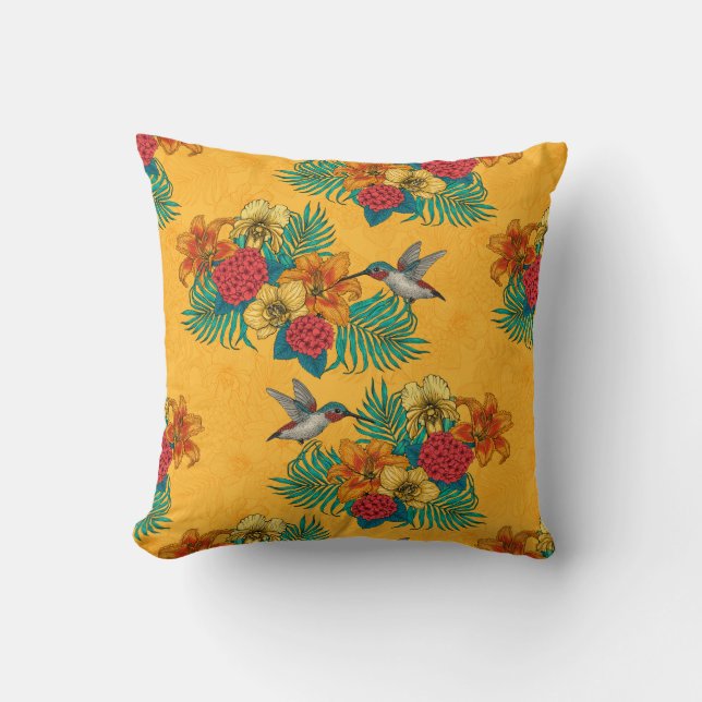 Hummingbirds and tropical bouquet in yellow throw pillow (Front)