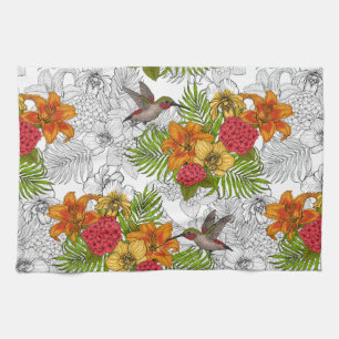 Hummingbirds and tropical bouquet kitchen towel