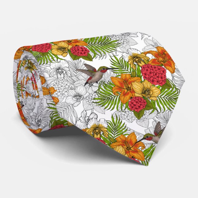 Hummingbirds and tropical bouquet neck tie (Rolled)