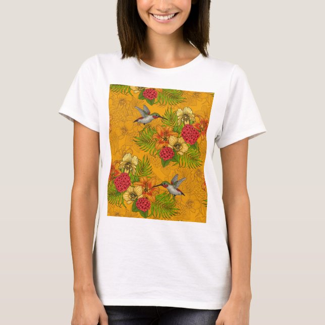 Hummingbirds and tropical bouquet on green T-Shirt (Front)