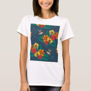 Hummingbirds and tropical bouquet on green T-Shirt