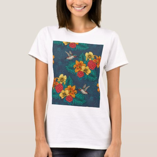 Hummingbirds and tropical bouquet on green T_Shirt