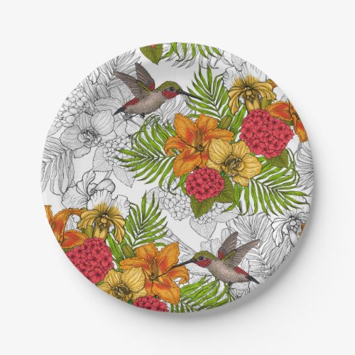 Hummingbirds and tropical bouquet paper plates