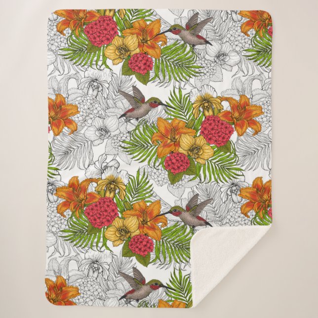 Hummingbirds and tropical bouquet sherpa blanket (Front)