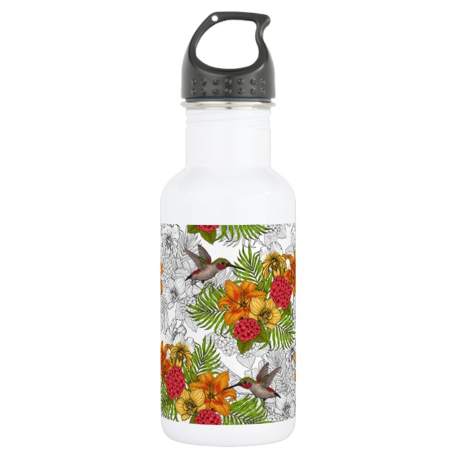 Hummingbirds and tropical bouquet stainless steel water bottle (Front)