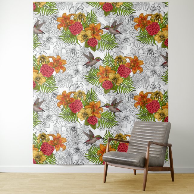 Hummingbirds and tropical bouquet tapestry (In Situ)