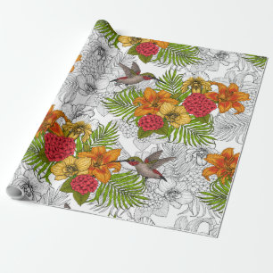 Hummingbirds and tropical bouquet wrapping paper