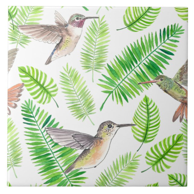 Hummingbirds and tropical leaves ceramic tile (Front)
