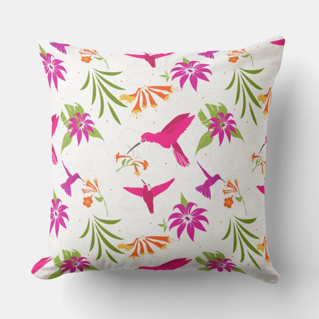 Hummingbirds and Tropical Leaves Outdoor Pillow (Front)