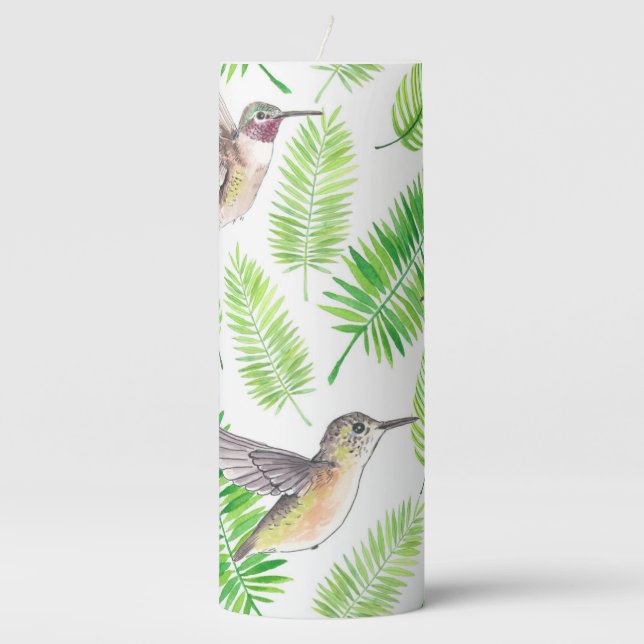 Hummingbirds and tropical leaves pillar candle (Front)