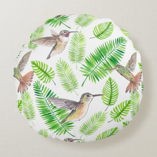 Hummingbirds and tropical leaves round pillow (Front)