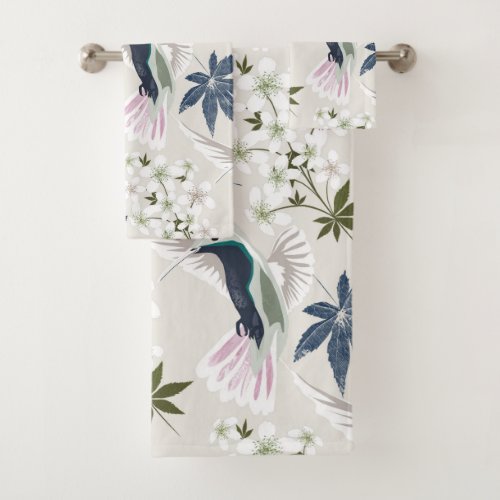 Hummingbirds and white flowers bath towel set