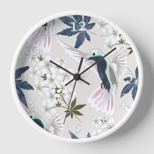 Hummingbirds and white flowers clock