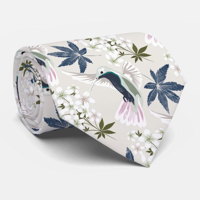Hummingbirds and white flowers. neck tie (Rolled)