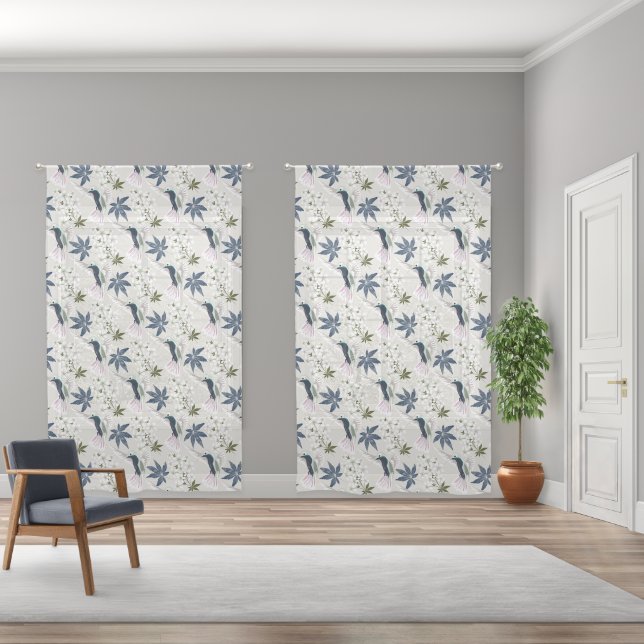Hummingbirds and white flowers. sheer curtains (Wide)