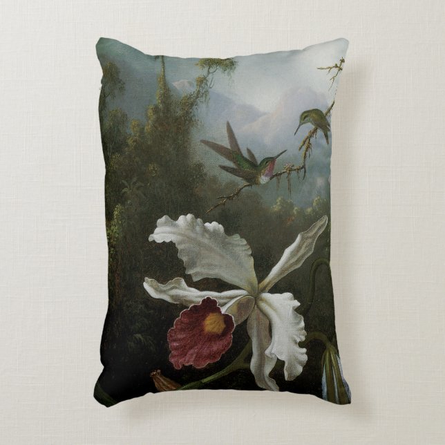 Hummingbirds and White Orchid by Martin J. Heade Decorative Pillow (Front(Vertical))