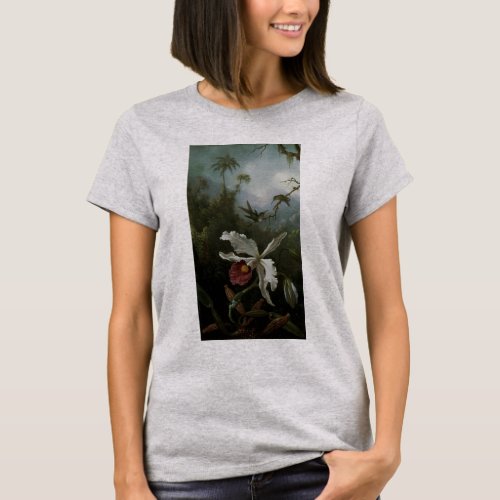 Hummingbirds and White Orchid by Martin J Heade T_Shirt