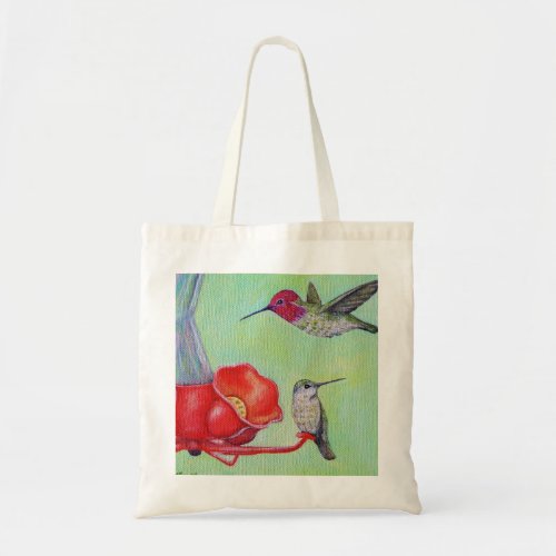 Hummingbirds at the Feeder Painting Tote Bag