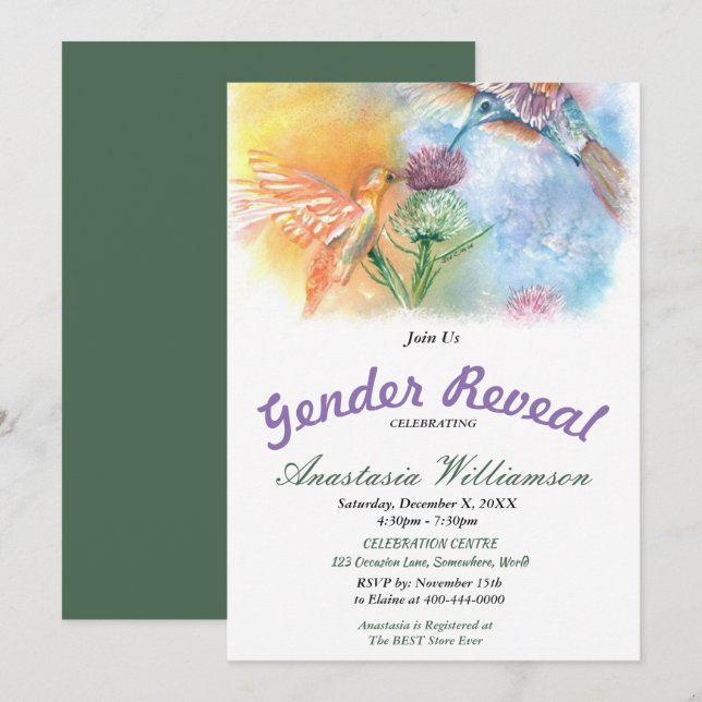 HUMMINGBIRDS BABY GENDER REVEAL PARTY INVITATION (Front/Back)