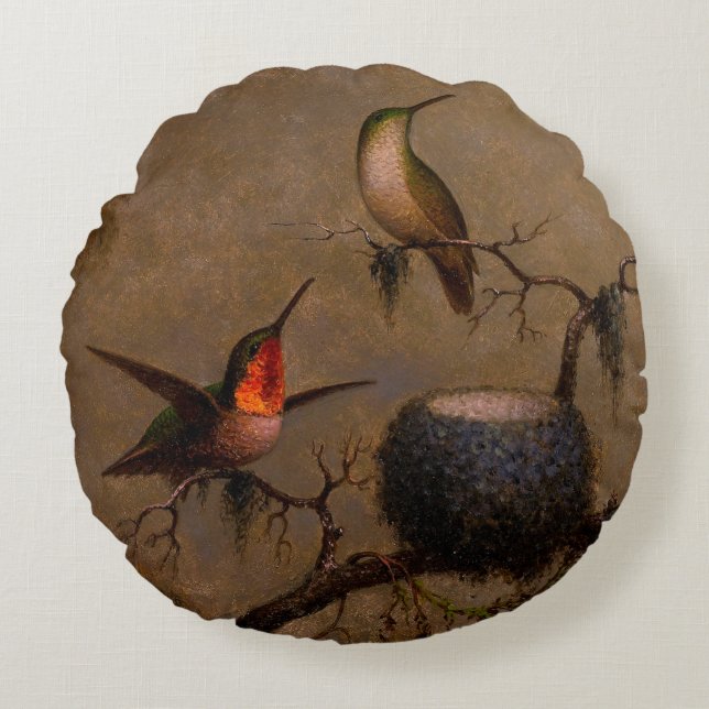 Hummingbirds bird nest victorian heade painting round pillow (Front)