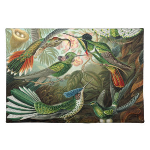 Hummingbirds by Ernst Haeckel, Vintage Birds Trees Cloth Placemat