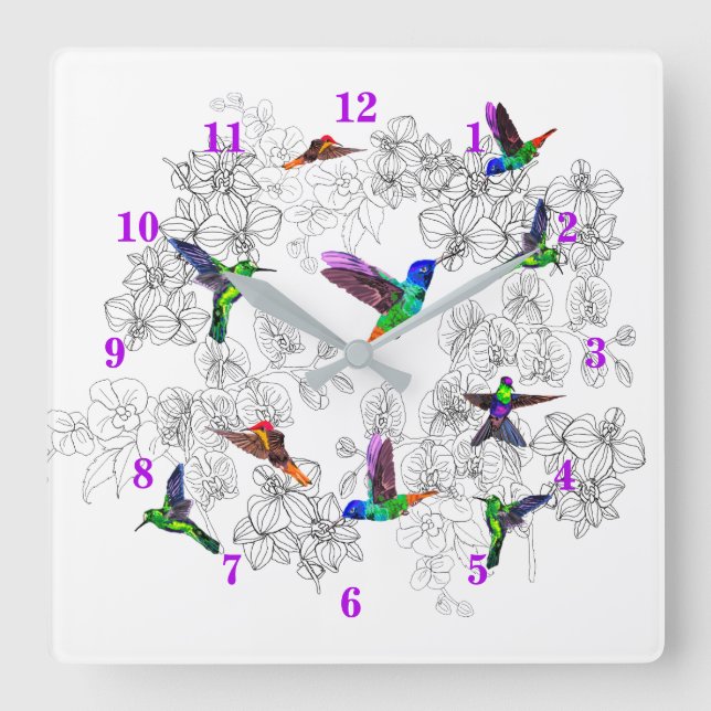 Hummingbirds Clock Spring Birds and Orchids (Front)