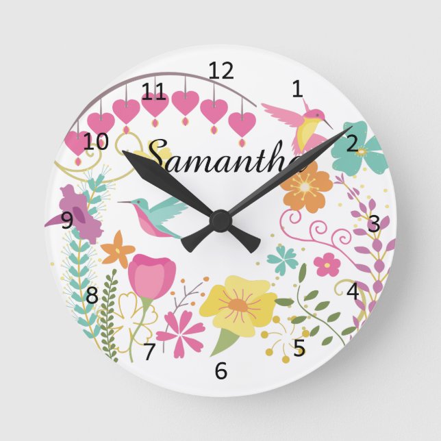 Hummingbirds Custom Personalised Name Round Clock (Front)