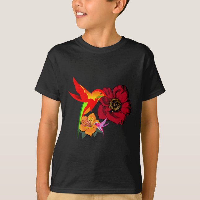 Hummingbirds Feeding From Flowers Graphic Art   T-Shirt (Front)