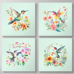 Hummingbirds floral wreath set of Four Foam Core Photo Tile