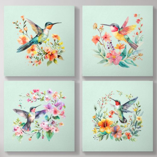 Hummingbirds floral wreath set of Four Foam Core Photo Tile