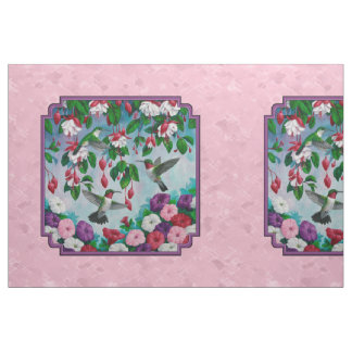 Hummingbirds Flower Garden Pink Pillow Size Fabric
