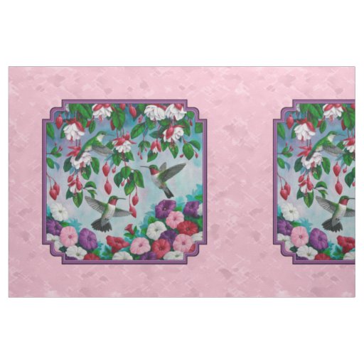 Hummingbirds Flower Garden Pink Pillow Size Fabric