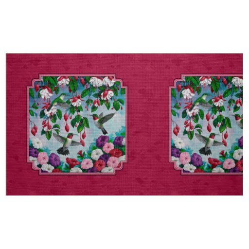 Hummingbirds Flower Garden Red Pillow Size Fabric