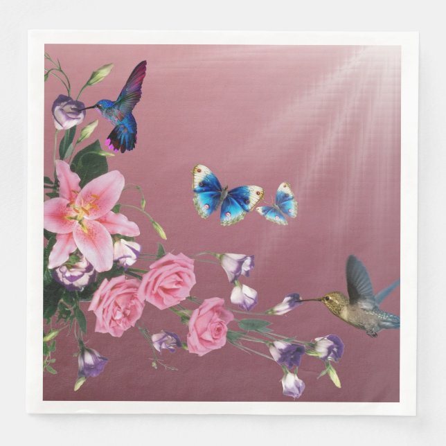 Hummingbirds Flowers Butterflies Paper Napkins (Front)