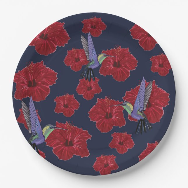 Hummingbirds Hawaii red Flowers Paper Plates (Front)